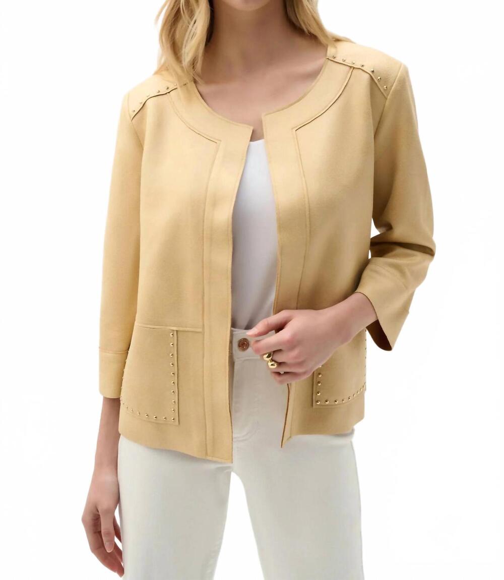 NEW JOSEPH RIBKOFF studded open front boxy faux suede jacket in flax